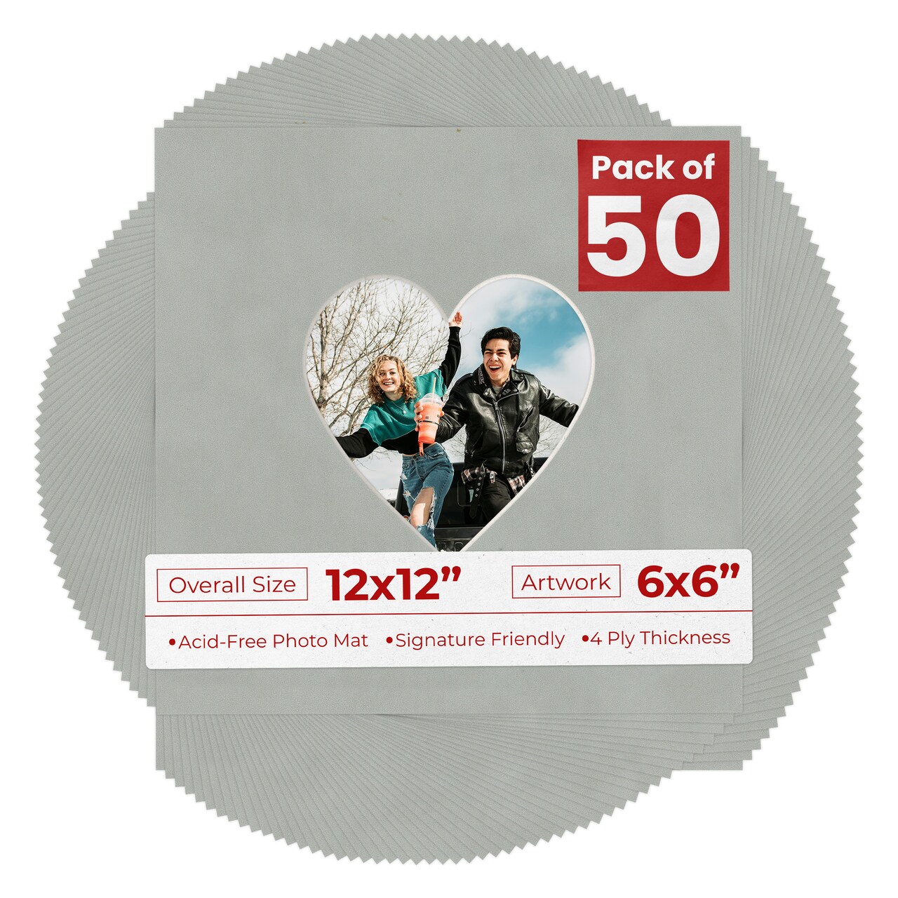 Light Grey Suede Mat Board for 12x12 Frames - Heart Opening for 6x6 Photos